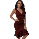 Red Sleeveless V-Neck Halter Slim Bodycon Sexy Midi Dress