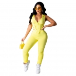 Yellow Sleeveless Zipper Bodycon Sexy Women Jumpsuit