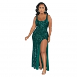 Green Halter Low-Cut Sequin Sleeveless Sexy Slit Women Maxi Dress