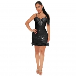 Black Halter Low-Cut V-Neck Sequin Feather Sexy Dress