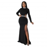 Black Long Sleeve O-Neck Hollow-out Sexy Slit Bodycon Women Evening Long Dress