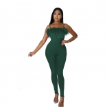 Green Halter Tassels Feather Slim Sexy Club Jumpsuit