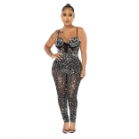 Black Halter V-Neck Rhinestone Pearl Bodycon Sexy Jumpsuit