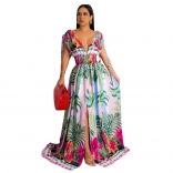 RoseRed Deep V-Neck Printed Fashion Women Street Jersey Dress