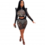 Black Mesh Rhinestone Bodycon Long Sleeve Romper Short Sets