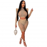 Beige Mesh Rhinestone Bodycon Long Sleeve Romper Short Sets