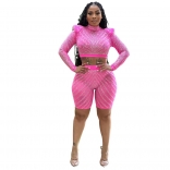 Pink Mesh Rhinestone Bodycon Long Sleeve Romper Short Sets