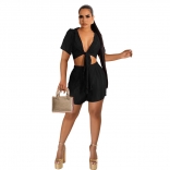 Black Deep V-Neck Knot Sexy Women Party Short Sets