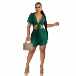 Green Deep V-Neck Knot Sexy Women Party Short Sets