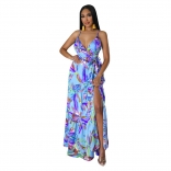 Blue Halter V-Neck Printed Fashion Women Jersey Long Dress