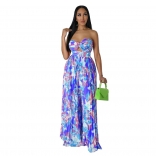 Blue Off-Shoulder V-Neck Printed Fashion Jumpsuit