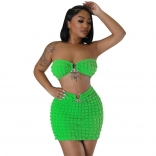 Green Off-Shoulder Boat-Neck Sexy Pant Sets