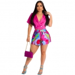 RoseRed Deep V-Neck Button Fashion Printed Women Short Sets