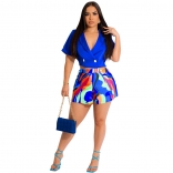 Blue Deep V-Neck Button Fashion Printed Women Short Sets