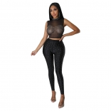 Black Sleeveless O-Neck 2PCS Mesh Bodycon Women Sexy Jumpsuit