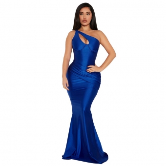 Blue Halter V-Neck Bodycon Pleated Sexy Evening Long Dress