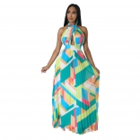 Green Sleeveless Halter V-Neck Printed Pleated Fashion Long Dress