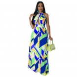 Blue Sleeveless Halter V-Neck Printed Pleated Fashion Long Dress