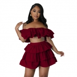 WineRed Boat-Neck Foral Fashion Women Short Sets