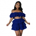 RoyalBlue Boat-Neck Foral Fashion Women Short Sets