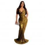 Golden Halter Deep V-Neck Silk Fashion Evening Long Dress