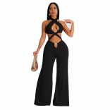 Black Sleeveless V-Neck Bandage Hollow-out Women Jumpsuit