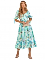 Green Printed Fashion V-Neck Women Skirt Dress