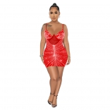 Red Halter Low-Cut V-Neck Rhinestone Bodycon Mini Dress