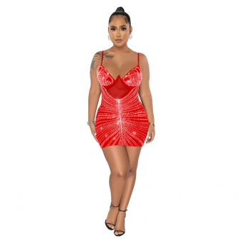 Red Halter Low-Cut V-Neck Rhinestone Bodycon Mini Dress