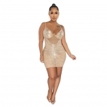 Beige Halter Low-Cut V-Neck Rhinestone Bodycon Mini Dress