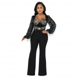 Black Mesh Long Sleeve Sequin Fashion Women Jumpsuit
