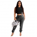 Black Sleeveless Off Waist Top Elastic Waist Pencil Pants