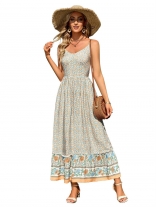 Beige Sleeveless Straps V-Neck Printed Fashion Dress