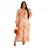 Orange Printed Long Sleeve Button Fashion Women T-Skirt