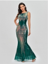 Green Sleeveless Round Neck Mesh Sequin Elegant Party Long Dress