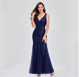 RoyalBlue Low-Cut V-Neck Sequin Mesh Bodycon Elegant Long Dress