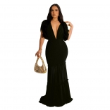 Black Deep V-Neck Pleated Sleeveless Long Dress