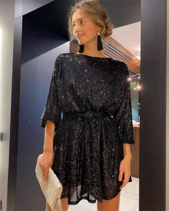 Black Women Fashion Long Sleeve Sequin Party Skirt Dress