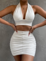 White Deep V-Neck Halter Neck Bodycon Pleated Two Piece Sexy Party Mini Dress