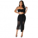 Black Women's Sexy Mesh Sheer Wrap Chest Two Piece Set Party Midi Dress