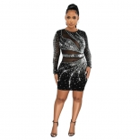 Black Long Sleeve Rhinestone Mesh Hollow-out Bodycon Mini Dress