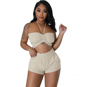 Khaki Solid Fashion Women Wrap Chest Casual Two Piece Set