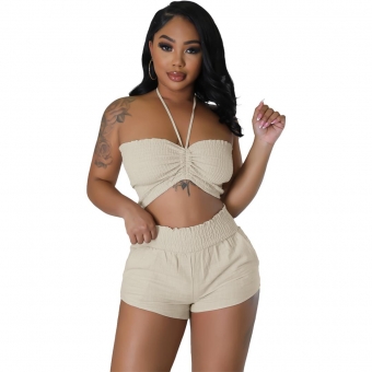 Khaki Solid Fashion Women Wrap Chest Casual Two Piece Set