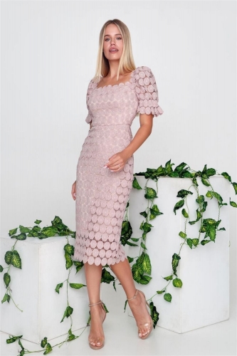 Pink Fashion Lace Office Solid Evening Party Women Wrap Chest Midi OL Dress