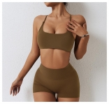 Brown Two Piece Yoga Bodysuit Sets Seamless Jumpsuit Sports Gym Workout