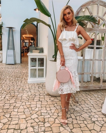 White Sleeveless Strap Ruffle Edge Party Slim Fit Midi Dress