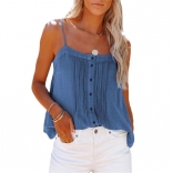 Blue Women Summer Loose Fitting Halter Button Tank Tops