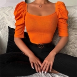 Orange Short Sleeve Boat Neck Cotton Striped Sexy Tank Tops