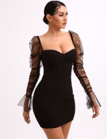 Black Mesh Long Bubble Sleeves Sexy Bodycon Temperament Party Mini Dresses