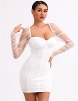 White Mesh Long Bubble Sleeves Sexy Bodycon Temperament Party Mini Dresses